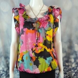 Violet & Claire sz XL Colorful Ruffled Sleeveless Watercolor Top